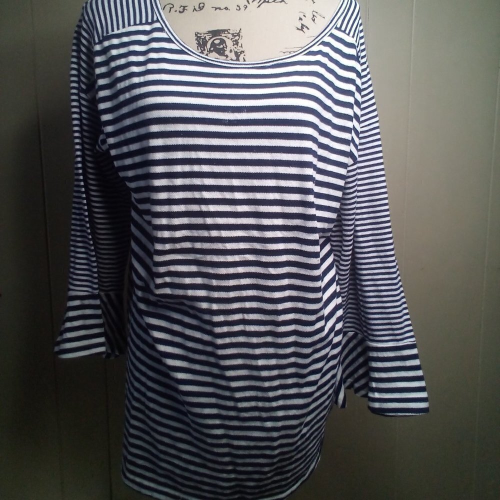 Weekend Suzanne Betro Shirt 1X 3/4 Bell Sleeve Stripe Blue White